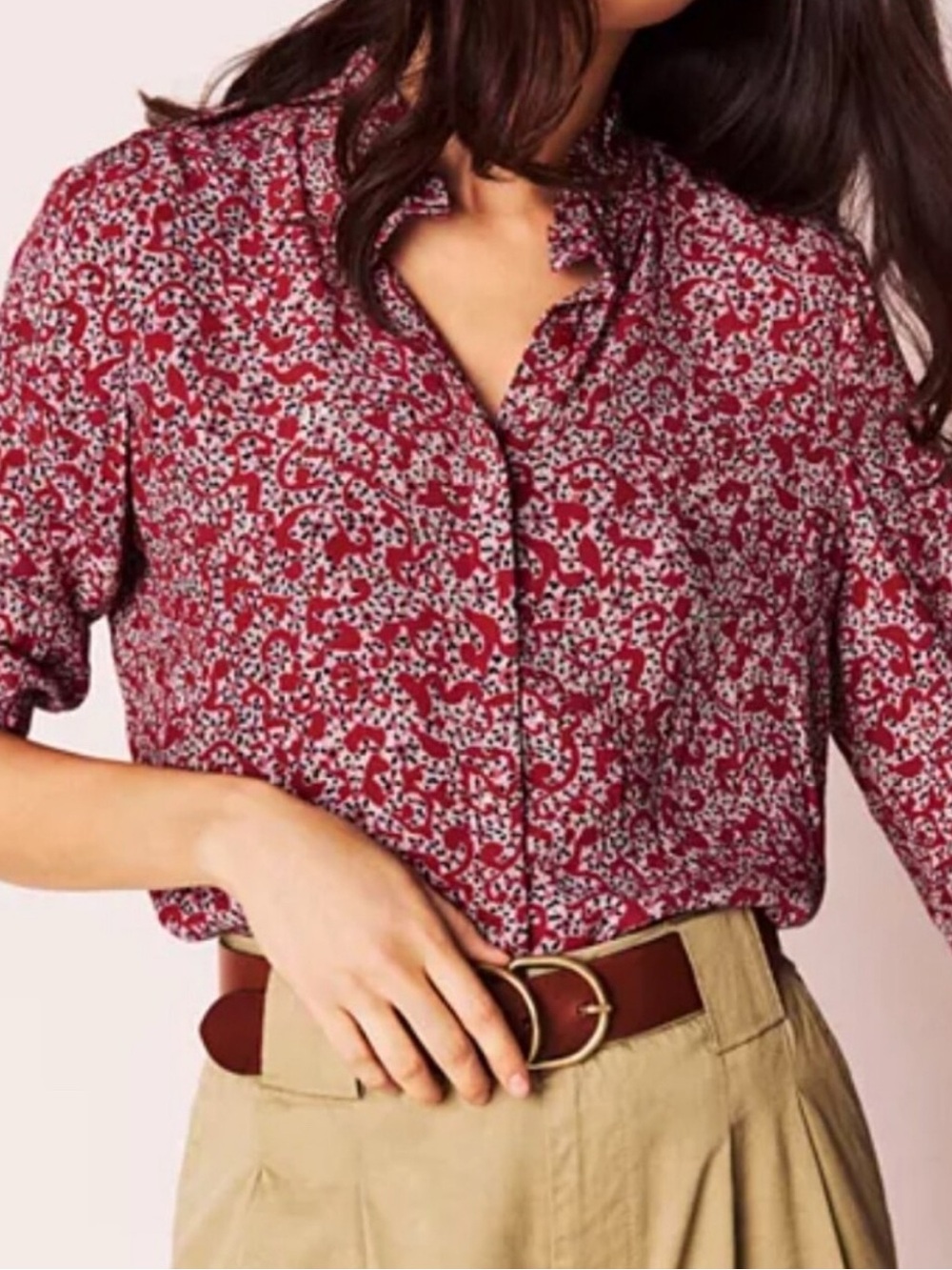 BA&SH CATTY THREE-QUARTER SLEEVE RED, PINK BLACK, CREAM PRINT FLORAL SHIRT, US 4